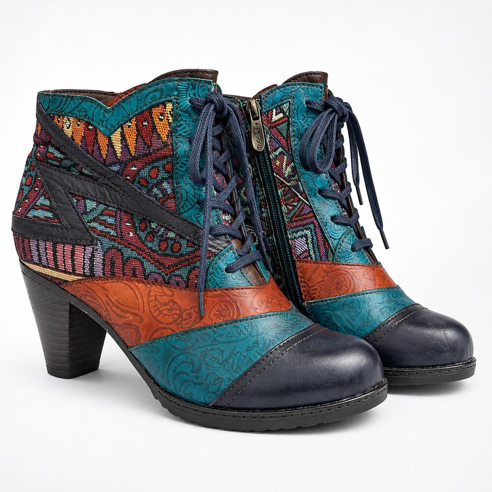 Socofy Boho Patchwork Ankle Boots Women EU 38 US 7.5 Teal Leather Tapestry Heels